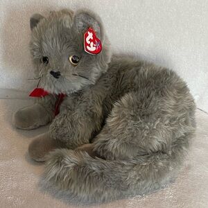 VTG Ty Beanie Buddy BEANI Grey Cat 12” W/Tags Plush Toy Red Ribbon 2002  Retired